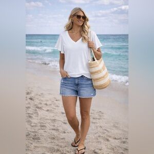 Halogen White V-Neck Short Flutter Sleeve Tee